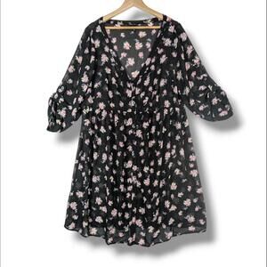 Torrid Sheer Babydoll Dress Topper Black Pink Floral 1X Plus Size